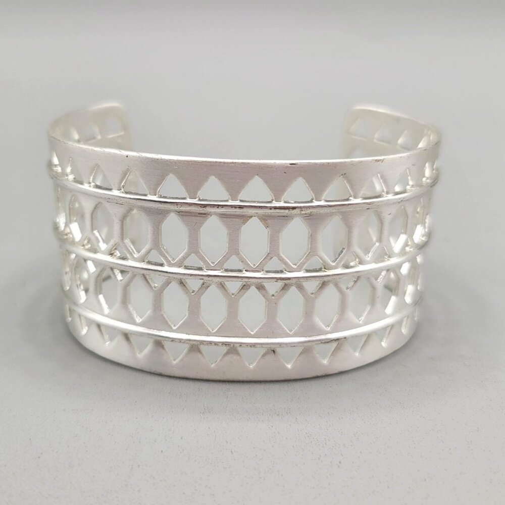 Stella and Dot Silver Tone Geometric Openwork Wide Plait Cuff Bracelet